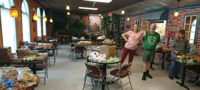 Joan, Chris and Frances ready for our friends, strangers and neighbors to come in for food!